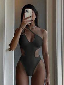 New Arrival Spring/Summer Sexy & Elegant Black Solid Color One-Shoulder Women's One-Piece Swimsuit, Suitable For Beach, Vacation, Party, And Date - Black - View 1