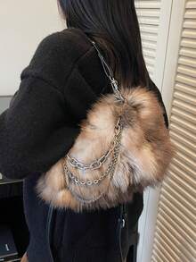 1 geantă de umăr pentru femei, din blană artificială, cu buline, culoare cafea, ombre, cu lanț, la modă pentru toamnă/iarnă