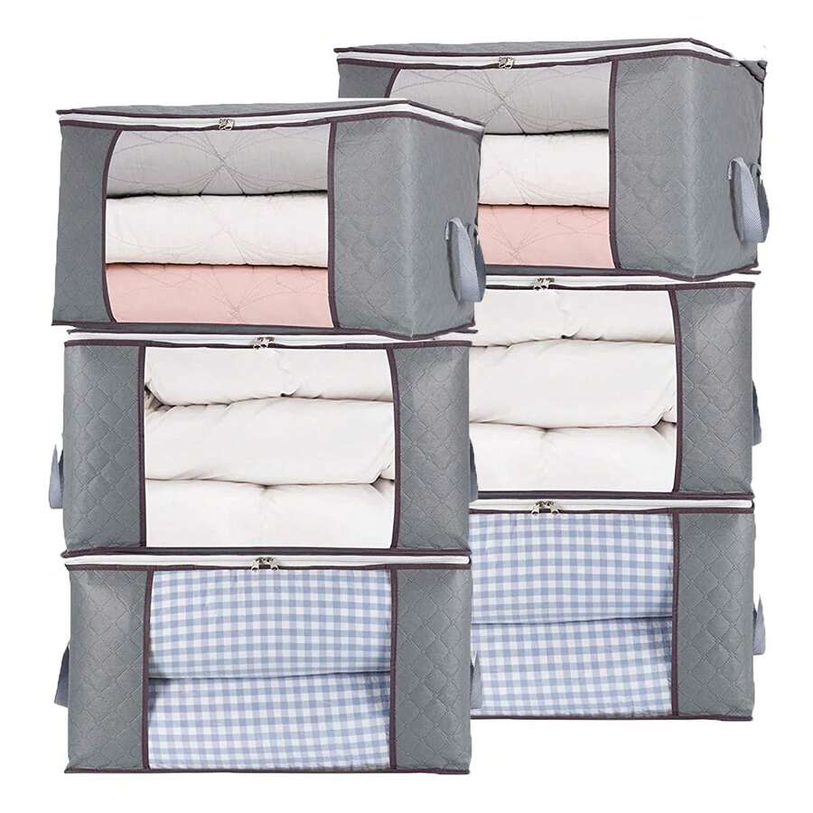 6Pcs Zippered Storage Bag For Closet King Comforter, Pillow, Quilt, Bedding, Clothes, Blanket Organizers With Large Clear Window & Carry Handles Space Saver - 灰色 - 查看 1