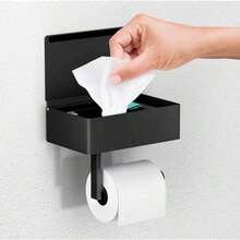 Aesthetically Matte Black Multi-Function Square Paper Towel Roll Holder With Storage Box Wall Mounted Toilet Paper Holder, Stainless Steel