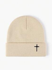1 Stück Kreuz bestickter gestrickter Beanie, Y2K Stil Outdoor warmer Lässig vielseitiger Winterhut, geeignet für den täglichen Gebrauch