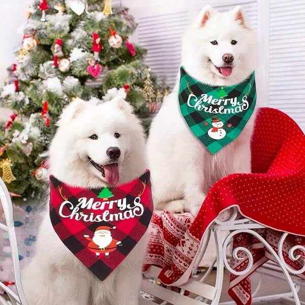 2pcs Adjustable Merry Christmas Pet Bandanas Polyester Green And Red Buffalo Plaid Santa Claus Snowman Gingerbread Man Pattern Pet Scarf Bib Suitable For Cats And Dogs Christmas Decorations For Home 2025 Gifts Party Supplies Fabric