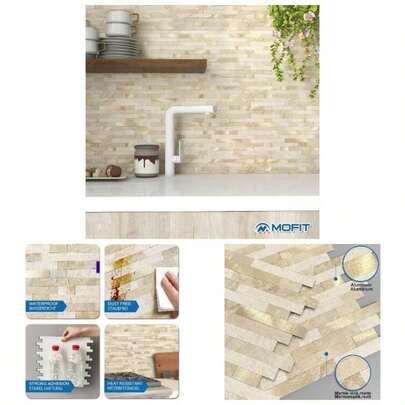 3D Stone Brick Backsplash Tile Kitchen Peel And Stick Self - Adhesive Wall Tile, Marble Linear Tiles Stickers Bathroom Wall Panels Fireplace Vanity Beige, 10sheets