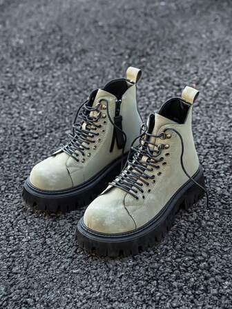 New Fashion Thick Sole Increased Height Boots, Retro British Style Motorcycle Boots, Work Boots For Men