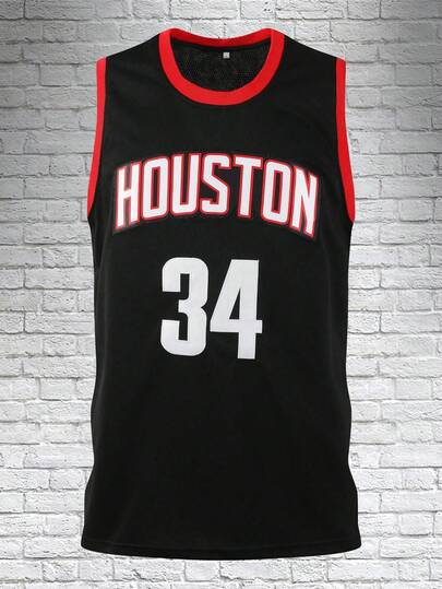 Atonmore Men's Basketball Jersey, Size 34, Black, Embroidered Sewn Basketball Tank Top, Sleeveless Sports Top