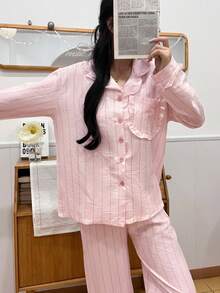 2pcs Women Pajama Set, Pink Vertical Striped Lapel Top With Frill Trim, Comfortable Pants, Suitable For Home & Leisure, All Seasons - Pink - View 5
