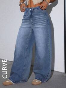 大码女式休闲宽松直筒牛仔裤，带口袋，春季款 - 中等水洗藍 - 查看 2