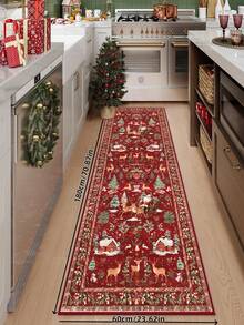 1 Pc Christmas Tree And Santa & Reindeer Beige Carpet, Non-Skid And Washable, Very Suitable For Living Room, Bedroom, Hallway, Indoor And Outdoor Use, Easy Home Christmas Decoration And Room Decoration