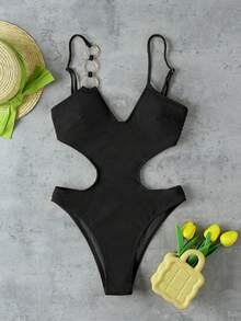New Arrival Spring/Summer Sexy & Elegant Black Solid Color One-Shoulder Women's One-Piece Swimsuit, Suitable For Beach, Vacation, Party, And Date - Black - View 2