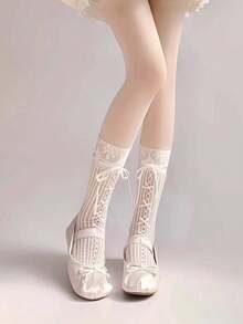 1/2 Pair Lolita Lace Trim Knee High Socks, Bow Decor Mid-Calf Socks, Suitable For Street Style With Mary Jane Shoes, Loafers, Shoes, Exclusive Christmas Gift, Unique New Year Gift For Family, Joyful Valentine's Day Gift For Girlfriend - Beige - View 10