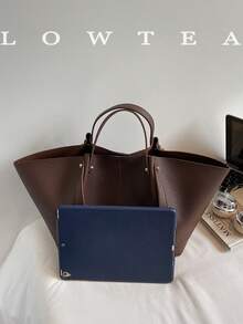 low tea 2 件纯色 PU 皮革单肩包女士休闲大容量手提包，书包带双手柄和按扣，适合旅行、购物、约会、女士礼物，适合少女、大学生和办公室女士，非常适合办公室、学校、工作、商务、通勤、户外、旅行、郊游 - 咖啡 - 查看 5