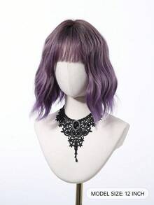 Ombre Purple Short Wavy Lolita Wig With Bangs, Platinum Blonde Bob Style, Heat-Resistant Synthetic Wig Suitable For Women's Daily, Party, Cosplay, Music Festival And Other Occasions - 漸層紫 - 查看 5