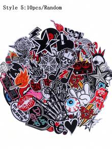 10pcs/20pcs/30pcs/50pcs/70pcs/Random Skull, Rock Band, Black & White Punk Style, Cross Guitar, English Letter Embroidered Iron-On Patches, Suitable For DIY Clothing And Accessories - Hats, Jeans, Jackets, Etc. - 彩色 - 查看 14