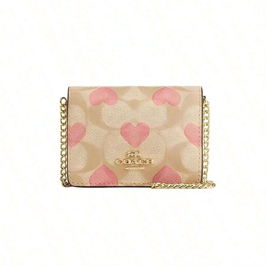 Coach Mini-Geldbörse 10 mit Herz-Muster & Signature Segeltuch - PVC und Leder Umhängetasche in Hellkhaki/Kreide Weiß CP473-IMOTV