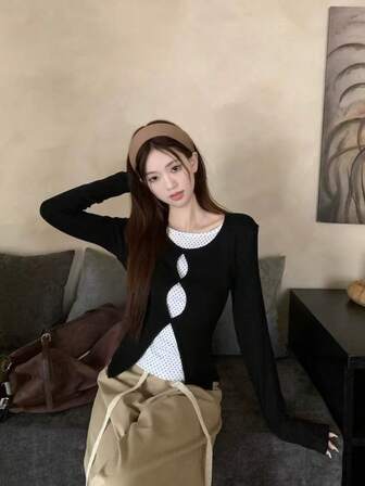 Sweet & Hot Girl Design Hollow Out Long Sleeve T-Shirt, New Polka Dot Undershirt, Slim Fit Top