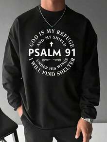 Men'S Round Neck Printed Long-Sleeved T-Shirt, Men's Psalm 91 Graphic Print Long Sleeve T-Shirt - Cotton Crewneck Religious Bible Verse Apparel With "God Is My Refuge And Shield" Inspirational Design, Comfortable Casual Christian Faith-Based Tee For Daily Wear(280 Gsm) - 黑色 - 查看 7