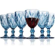 Copas de cristal para vino vintage, Juego de 6 copas de cristal labrado, Copas de Vino con Diseño de Diamante 240ml, copas de agua de vidrio de colores para Bodas, Fiestas, restaurantes (violeta) - Azul - Ver 2