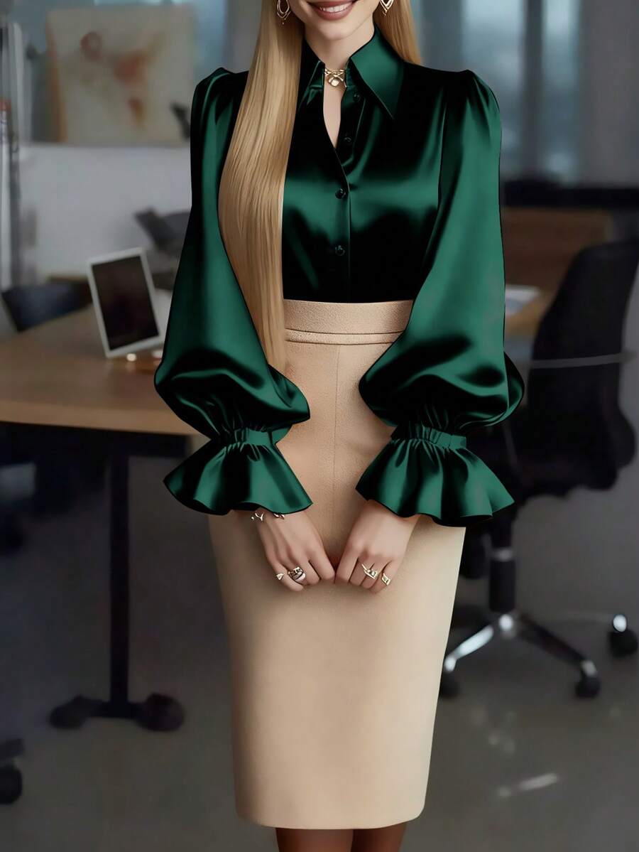 女士优雅休闲百搭通勤缎面衬衫,亲肤柔软丝滑缎面面料,翻领泡泡袖设计 - 100% 涤纶,可机洗干洗,纯色,适合办公室和日常穿着 - 墨綠色 - 查看 1