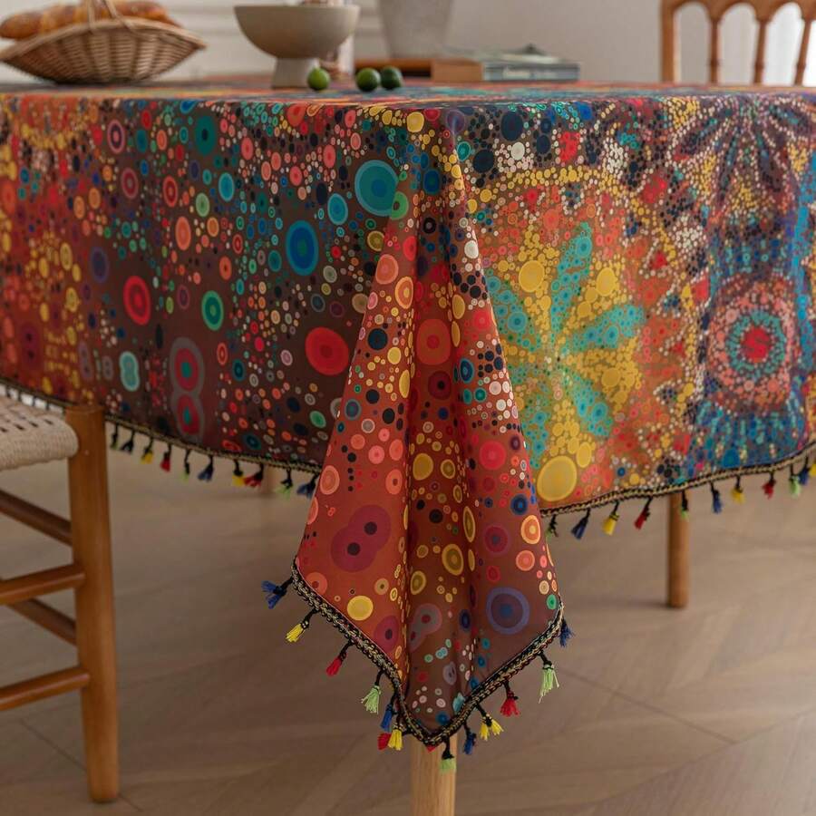 Boho Tablecloth For Square Tables,Fringed Edges With Geometric Pattern Tablecloths,Farmhouse Floral Table Cover Cloth Drative For Kitchen Dining Room,59"X 59",24897018 - Maroon - View 1