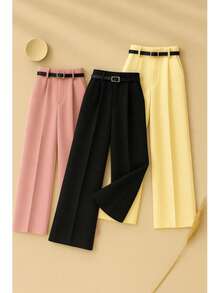 Set Of Three Elegant Tailored Pants With A Thin Belt And Metal Buckle. It Features A Structured Fit And No Side Zipper, Offering A Modern, Clean, And Sophisticated Look. - hồng, đen và vàng - Xem 1