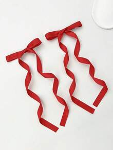 2pcs Simple Bowknot & Long Ribbon Hair Clip Suitable For Daily Use Cute Valentine's Day Valentines Claw Clips Hair Claws Hair Barrettes, School Stuff, Elegant, College, Bows, Hair Accessories - 紅色 - 查看 2