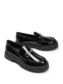 Women Loafers Platform Chunky Heel British Preppy Style Classic Versatile Thick Sole Casual Slip-On Loafers Shoes For Daily Commute - 黑色 - 查看 8