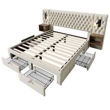 (=AB30261123B) Set completo per camera da letto, letto matrimoniale imbottito 180*200 cm con 2 comodini e 4 cassetti, testiera con lampada da lettura con funzione di ricarica USB, beige, velluto (senza materasso)