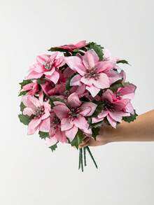 MEHELANY 1 束粉色圣诞人造一品红花束 7 头仿真植物，圣诞花，适用于家庭门廊花园室内外圣诞树装饰，花环工艺 DIY 家居厨房装饰，节日圣诞节冬季 DIY 家居装饰，插花，餐桌中心装饰 - 粉色 - 查看 1