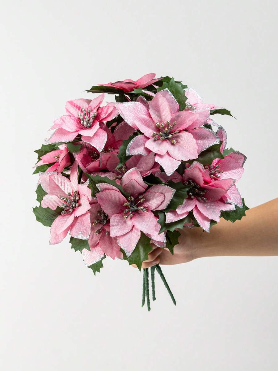MEHELANY 1 束粉色圣诞人造一品红花束 7 头仿真植物，圣诞花，适用于家庭门廊花园室内外圣诞树装饰，花环工艺 DIY 家居厨房装饰，节日圣诞节冬季 DIY 家居装饰，插花，餐桌中心装饰 - 粉色 - 查看 1