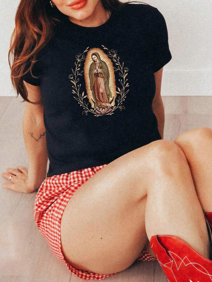 Our Lady Of Guadalupe Virgin Mary Shirt, Mother TShirt, Latina TShirt Gift For Catholic Mom, Vintage 90s Y2K Tee - Soft, Breathable Crew Neck Tee, Lightweight & Comfortable Casual Summer Wear, Women's Tops, White - 黑色 - 查看 1