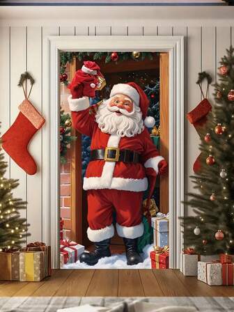 圣诞节门横幅 - 耐用涤纶圣诞老人与圣诞树和礼物图案 - 适合冬季庆祝活动、家居壁画、户外装饰、通用前廊配件 - 89.92x179.83 厘米 - 1 件