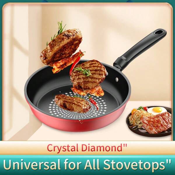Black & Red Non-Stick Flat Bottom Frying Pan - Home Cooking Pot, Crystal Flat Pan, Multi-Layer Cast Iron Construction, Suitable For Gas Stove, Induction Cooktop, Great For Family Gatherings, Outdoor BBQ, Kitchen Utensil, Ideal For Healthy Cooking