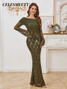 Olive Green Elegant Maxi Long Sleeve Dresses Off The Shoulder Sequin Evening Prom Dress For Christmas, Party, Wedding - Olive Green - View 5