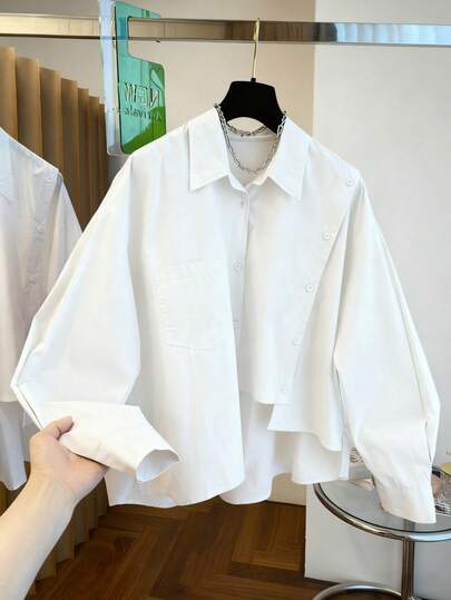 Women's Asymmetric Hem Shirt, Solid Color Front Button Pocket Design, Elegant Minimalist Office Casual Blouse, Spring/Autumn/Winter
