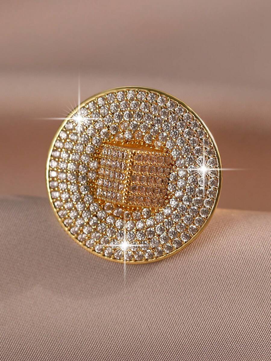 1pc Exquisite Large Round Zirconia Gold Ring, Luxury Exaggerated Geometric Adjustable Ring, Suitable For Women's Wedding, Engagement, Anniversary Gift - Yellow Gold - View 1