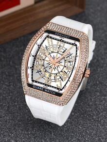 1pc Men's Luxury Starry Sky Barrel Shaped Watch With Silicone Strap - White - View 9