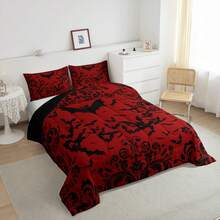 Erosebridal Halloween Bat Bedding Set, Red Black Gothic Comforter Set, Goth Damask Bats Bedding Comforter Sets, Halloween Animal Bed Set  - Soft Comfortable Microfiber, Festival Present - 紅色黑色 - 查看 6
