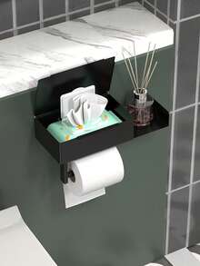 New Wet Wipes Holder, Toilet Paper Holder, Tissue Box, Toilet Paper Rack, Phone Holder - Modern Wall-Mounted Bathroom Tissue Dispenser And Wet Wipe Storage Organizer, Self-Adhesive Installation, Ideal For Modern Bathroom, Bathroom Storage - Black - View 11