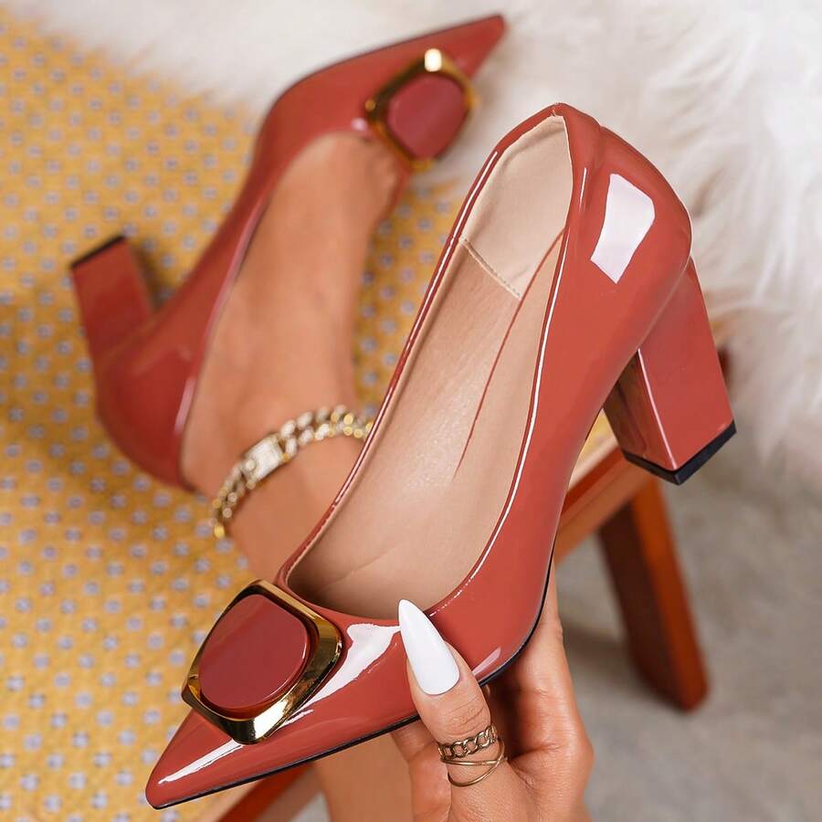 Giày cao gót đế thô màu xanh lá cây cỡ lớn thời trang mới dành cho nữ, màu trơn, thoải mái - Rỉ Nâu - Xem 1