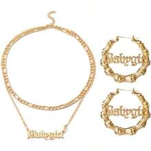 Hip Hop Bamboo Hoop Earrings For Women Stainless Steel Old English Letter Pendant Necklace 80s/90s Costume Accessory Party Jewelry Set - Alayer金色調 - 查看 2