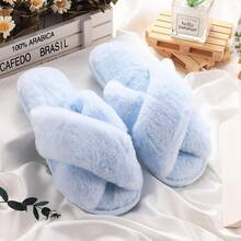 6 Pairs Womens Cross Band Slippers Fuzzy Plush House Bridesmaid Slipper White |   Black |   Pink Open Toe Fluffy Slipper Soft Warm Bridal Slippers2025 - 藍色 - 查看 2