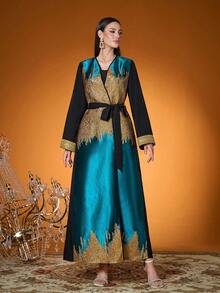 Magiacy-Pop 新款女士纯色梭织撞色提花睡袍（不含里衬） - 黑色 - 查看 6