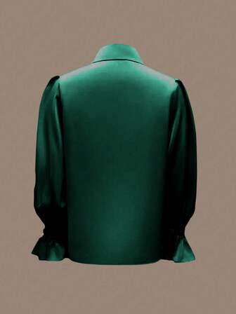 Women's Elegant Casual Versatile Commuter Satin Blouse, Skin-Friendly Soft Silky Satin Fabric, Collared Neck And Puff Sleeve Design Top - 100% Polyester, Machine Washable And Dry Cleanable, Solid Color, Suitable For All Seasons, Office And Daily Wear, Solid Color Ruffle/Frill Front Button