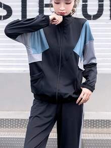 Conjunto esportivo feminino de 3 peças, composto por blusa de moletom com zíper e calça harém, ideal para corrida, academia e exercícios ao ar livre na primavera. - Azul - Ver 2