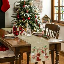 Caminho de mesa de Natal, caminho de mesa com floco de neve e meia de Natal, decoração de mesa de jantar de cozinha estilo fazenda, decoração de casa para festas de Natal em ambientes internos e externos - Multicolorido - Ver 2