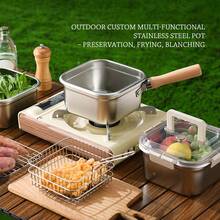 ABKOK 1pc Stainless Steel Multi-Function Kitchen Frying Pan, Outdoor Portable Square Fryer Pot With Filter Net, Steaming Rack, Oil Filter, Cooking, Frying, Food Storage, Convenient Carry