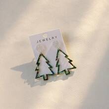 1 par de pendientes elegantes de árbol de Navidad rojo con brillo y hueco de acrílico, regalo de fiesta, festival de música y vacaciones para mujeres