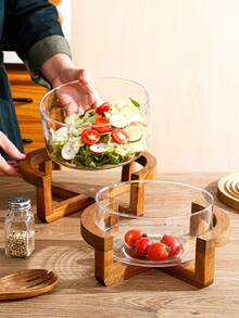 1pc/Set Wooden Base Glass Fruit Plate Salad Bowl Set, Home Kitchen Dinner Party Wedding Event Gift - Clear - View 6