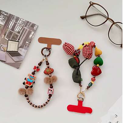 Niche Ins-Style Red Plaid Tulip Phone Lanyard, Retro Heart Beaded Wrist Strap, High-End Handmade Fabric Wrist Strap, Anti-Lost Hanging Rope, Wristband, Women Key Chain, Bag Pendant