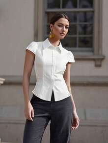 Vintage Waist - Cinching Shirt For Women - Retro Button - Down Top With Slim Fit Design, Y2K / 90s Inspired Fashion - 白色 - 查看 8